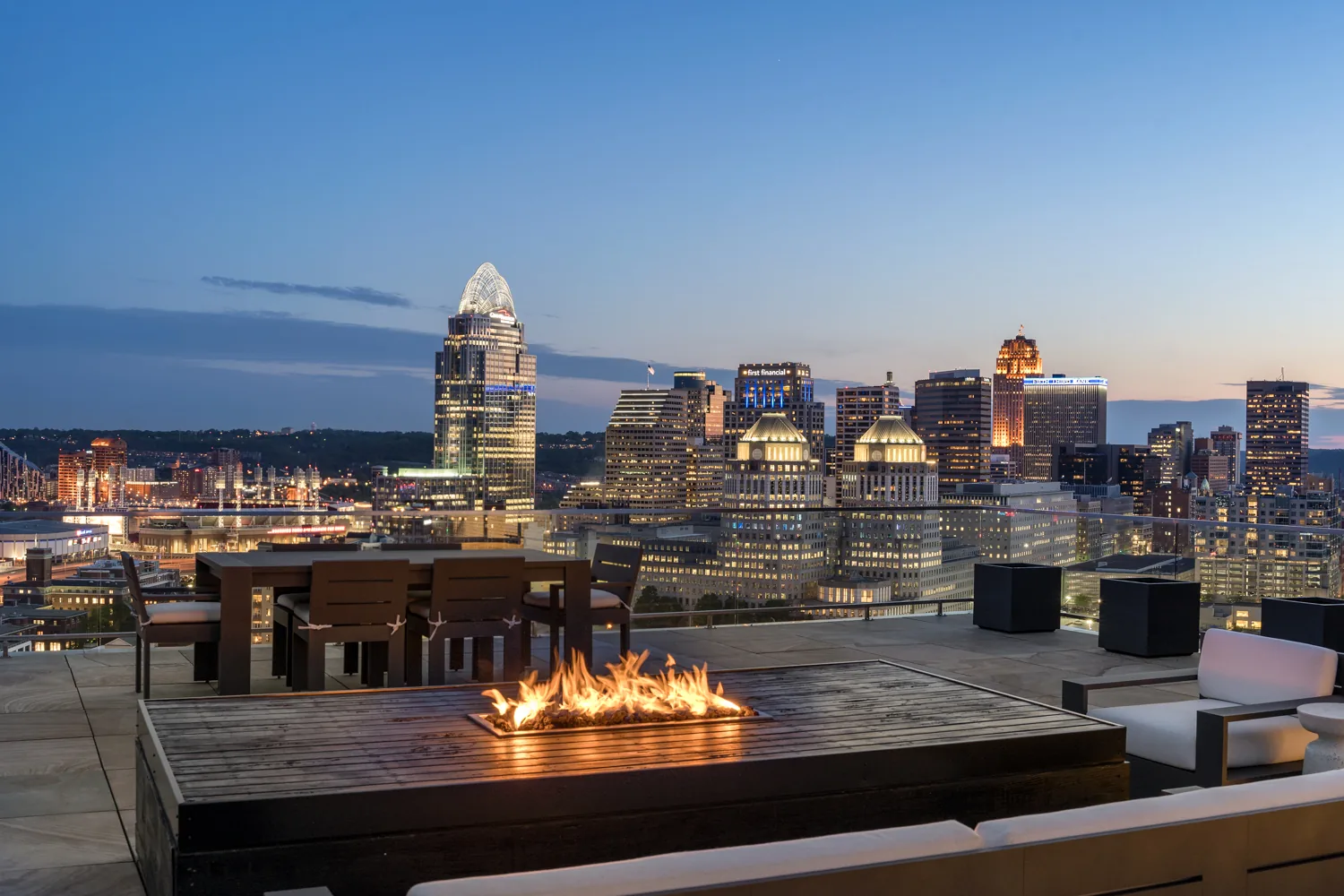 Cincinnati skyline viewed from a rooftop at dusk